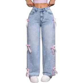 Baggy Jeans for Teen Girls Woman Bow Jeans High Waist Wide Leg Loose Pants Casual Streetwear Cute Clothes