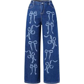 MakeMeChic Girl's Bow Knot Print Straight Leg Loose Fit Zip Fly Cute Jeans Denim Pants
