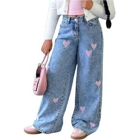 WDIRARA Girl's Heart Embroidered Y2k Denim Pants Elastic High Waist Wide Leg Jeans with Pockets