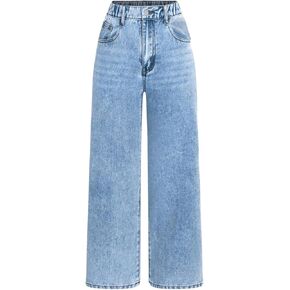 Floerns Girl's Distressed Ripped Denim Pants Elastic Waist Wide Leg Jeans with Pocket