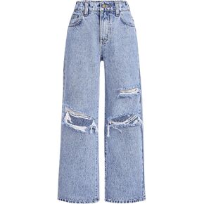 SweatyRocks Girl's Ripped Cut Out Jeans Distressed Straight Leg Denim Pants Trousers