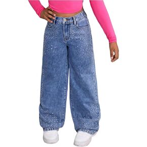 Wdirara Girl's Rhinestone عالية الخصر جينز الساق الجينز الفضفاضة السراويل الجينز مع جيوب