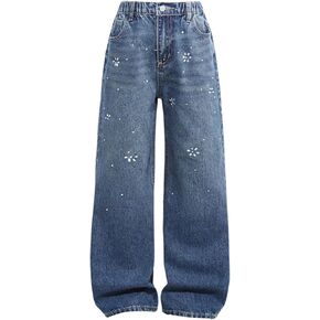 WDIRARA Girl's Sparkly Rhinestone Wide Leg Baggy Jeans Elastic Waist Denim Pants with Pockets