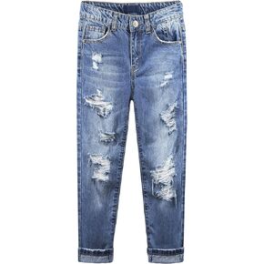 KIDSCOOL SPACE Girls Slim-fit Jeans, Ripped Holes Straight Denim Pants