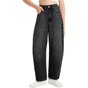 EXARUS Girls Wide Leg Jeans Baggy Barrel Cropped Ankle Length Denim Pants Mid Rise Elastic Band with Pockets Kids 6-14Y