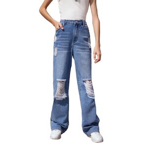 Sweatyrocks الفتاة غير الرسمية عالي مرونة الخصر الممزق الجينز الساق مستقيم الساق الجينز مع جيب