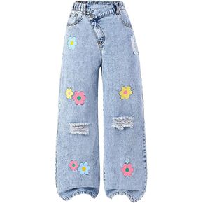 Floerns Girl's Butterfly Print Asymmetric Waist Ripped Jeans Wide Leg Y2k Denim Pants