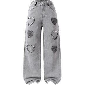 WDIRARA Girl's Heart Patched Elastic Waist Straight Leg Jeans Denim Pants