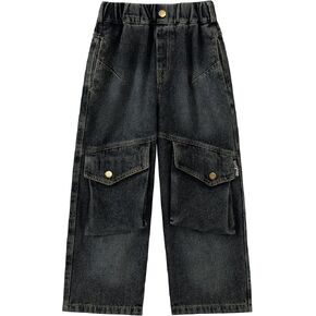 Girls Cargo Wide Leg Jeans Y2K Kids Loose Fit Boyfriend Denim Baggy Pants with Multi Pockets, 5-15Yrs