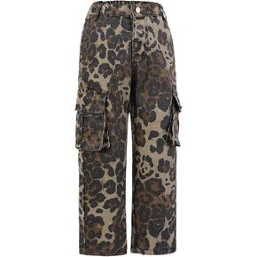 WDIRARA Toddler Girl's Leopard Print Cargo Jeans Flap Pocket Straight Leg Denim Pants