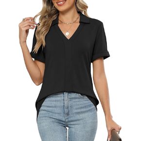 Micoson Womens Polo Shirts Dressy V Neck Business Casual Tops Lapel Collar Short Sleeve Summer Shirts Loose Fit Work Blouses