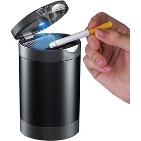 Car Ashtrays for Cup Holder Smell Proof,Car Ash Tray with Lid Smell Proof,Detachable Stainless Steel Cup Holder Ashtray with LED Auto Light, for Most Car, Office, Home (Black)