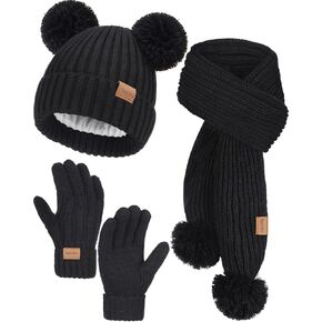 Kids Winter Hat Gloves Scarf Set, Toddler Children Girls Boy Fleece Lined PomPom Beanie Hat Kint Neck Long Scarf Warm Mittens