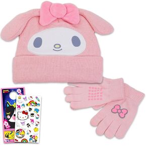 SANRIO My Melody Hat and Mittens Set Winter Gear Bundle with My Melody Beanie, Mittens, Stickers, More | My Melody Gifts for Girls, Kids