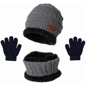 3PCS Children's Winter Hat Scarf Gloves Set 3-9 Years Boys and Girls Knitted Hooded Fleece Hat Warm Scarf (Grey)