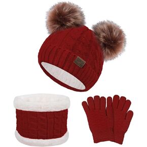 3 Pcs Kids Winter Beanie Hat Scarf Gloves Set for Girls Boys Knit Warm Pompom Toddler Hats Mittens Neck Warmer