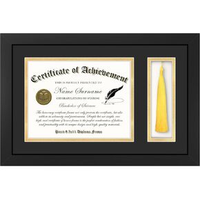 Picrit 11x17 Wood Diploma Frame with Tassel Holder for 8.5x11 Certificate Degree Document with Tempered Glass, Black over Gold Mat