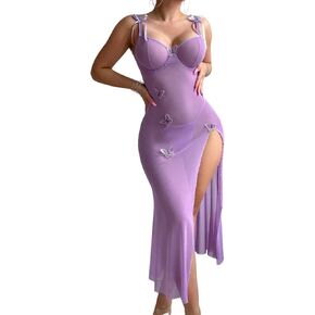 فستان الملابس الداخلية للفراشة للنساء - Mesh Mesh Maxi مع مجموعة الملابس الداخلية ثونغ ثونغ القابلة للفصل