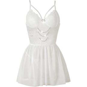 Women Sexy Lingerie, Heart Rhinestone Chain Lace Floral Embroidered Nightgown, Sheer Mesh Babydoll Dress Valentines in Kuwait