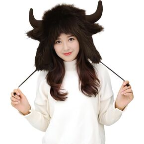 Plush Animal Horn Hat Warm Hooded Earflap Hat Faux Fur Trapper Hat Adult Halloween Cosplay Costume Hat