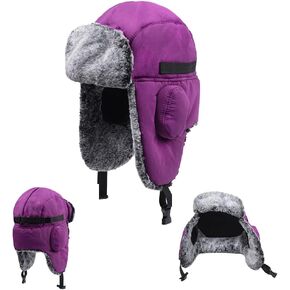Womens Mens Eskimo Windproof Winter Trapper Trooper Hats Ushanka Russian Aviator Warm Hat Ear Flaps Purple