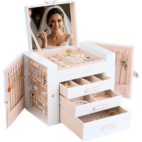 صناديق المجوهرات للنساء ، 4 منظم مجوهرات الطبقة مع بابين لقلن معلقة وخزانة 2 أقراط معلقة ، صندوق مجوهرات كبير مع المرآة (أبيض) in Kuwait