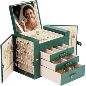 Jewelry Boxes for Women, 4 Layer Jewelry Organizer with 2 Doors for Necklaces Hanging and 2 Closet for Earrings Hanging, Large Jewelry Box with Mirror (White)