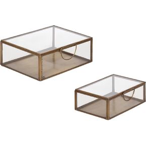 Kate and Laurel Nevala Traditional Decorative Glass Box Set for Tabletop Storage, Set of 2, Clear Glass and Antique Brass, Vintage Jewelry Boxes for Bathroom Vanity Organization or Entryway Decor