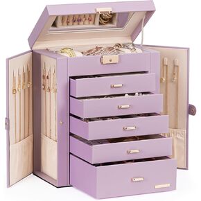 Homde Jewelry Box Large for Women: 6 Layers 5 Drawers Organizer with Mirror for Ring Earring Necklace - Storage Holder with Lock for Dresser (White)