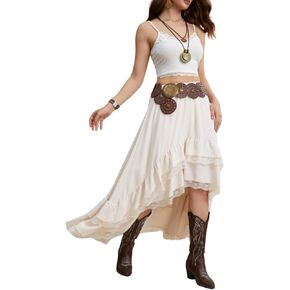 Verdusa Women's Boho Western Lace Asymmetric Hem Skirts Ruffle Cow Girl Skirts
