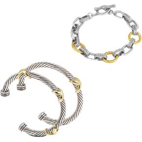 TAYASE 3PCS Two Tone Bracelet Set for Women, Designer Inspired Cable Bangle & Chain Link Bracelets, Silver Gold Mixed Metal Fashion Jewelry Set with Toggle Clasp (Bracelet D STYLE)