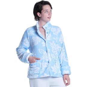 La Cera Women Floral Floral Microfleece سترة مع طوق الماندرين ، والأكمام الطويلة ، والجيوب الأمامية ، وزر الأزرار ، و 100 ٪ بوليستر