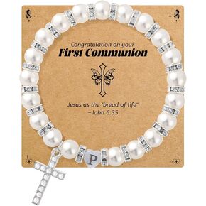 BAYLAY First Communion Gifts for Girls, Cross Bracelet Pearl Letter A-Z Initial Bracelet First Communion Bracelets 1ST Holy Communion Gifts for Girl Catholic