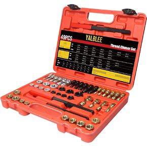 Yalblee-Thrread Chaser Set 49 PCS Red ، 3 ملفات خيط مع مجموعة أدوات SAE & Metric Rethreading وأكياس ترديد مؤشرات الترابط مع 22 TAPS 24 يموت مع مجموعة إصلاح مؤشرات الترابط بأحجام UNF و UNC