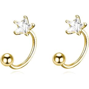Reffeer Solid 925 Sterling Silver Star Half Hoop Earrings Open Huggie Hoops for Women Teens CZ Star Hoop Earrings Ball Cuffs