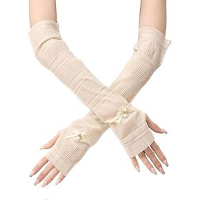 Women Long Fingless Gloves With Pearl And Bow Mesh Sheer Tulle Arm Sleeves