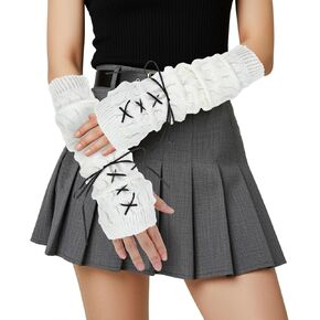 Cute Winter Fingerless Arm Warmers Fingerless Gloves for Y2K Harajuku Lolita JK Gothic Style Stretchy Durable Hand Warmers with Cozy Knit Sleeves Comfortable Gift for Women Teens (Black/White)