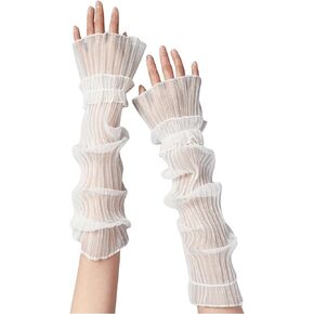 Verdusa Women's Y2K Sheer Mesh Lace Ruffle Pleated Gloves Fingerless Elbow Length Arm Sleeves
