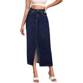 Hybrid & Company Women's Long Denim Skirt – Stretch Jean Skirt for Office and Casual Wear