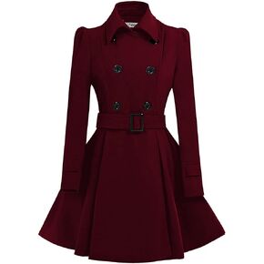 ForeMode Women Swing Double Breasted Wool Pea Coat with Belt Buckle Spring Mid-Long Long Sleeve Lapel Dresses Outwear