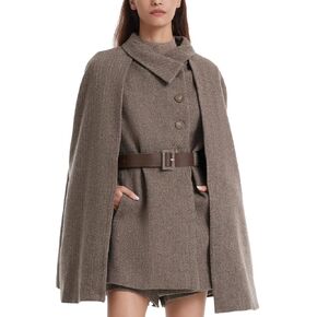Womens Winter Washable Wool Cloak Coats And Flap Neck Button Vest Two-Piece Set with Belt Plus Size Coat Outerwear