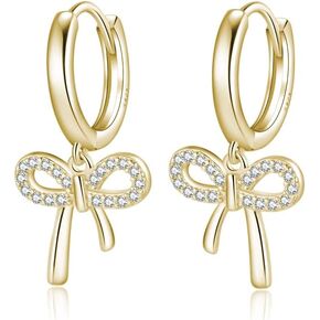 Reffeer Solid 925 Sterling Silver Bow Drop Hoop Earrings for Women Teens Bowknot Hoop Earrings Huggie Ribbon Earrings