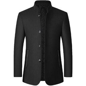 Men's Wool Trench Jacket & Coat Warm Quilted Single Breasted Band Collar Long Sleeve Winter Button Slim Fit Peacoat