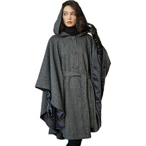 BEAUTELICATE Women Tweed Hooded Belted Cloak Buttons Closure Sleeveless Satin Lining Wool Poncho