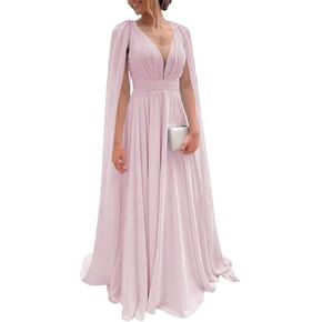 Chiffon Bridesmaid Dresses A Line Cape Sleeve Prom Dress V Neck Formal Evening Gown