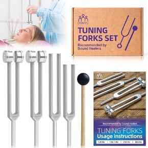 Tuning Fork Set (128 Hz, 136.1 Hz, 256 Hz, 384 Hz): Weighted & Unweighted Tuning Forks Frequency Devices of 4 Pack with Reflex Hammer for Chakra & Sound Meditation
