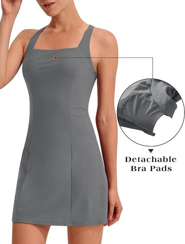 EZRUN Womens Square Neck Tennis Dress Built in Shorts and Bra Athletic Golf Dress with Pockets for Summer in Kuwait