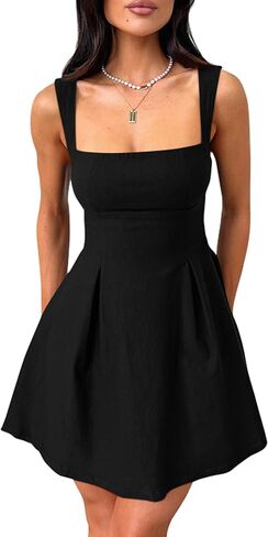 YMDUCH Women's Sexy Sleeveless Square Neck Adjustable Straps Bow Tie A-line Mini Party Club Dress in Saudi Arabia