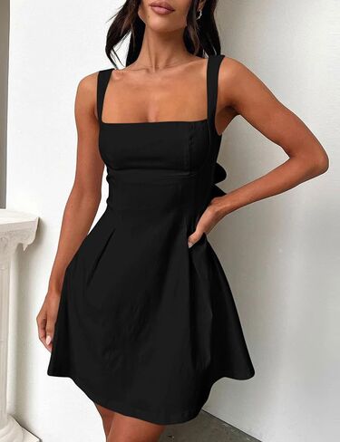 YMDUCH Women's Sexy Sleeveless Square Neck Adjustable Straps Bow Tie A-line Mini Party Club Dress in Saudi Arabia