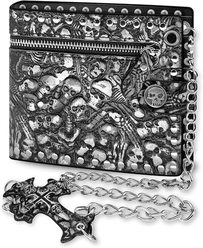 Chain Wallet Skull Gothic Punk Bifold Halloween Unisex Goth Accessories,Faux Leather- Midnight Black in Saudi Arabia